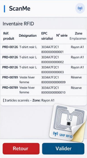 Capture d'écran ScanMe — sélection d'action préconfigurée : valider production, signaler défaut