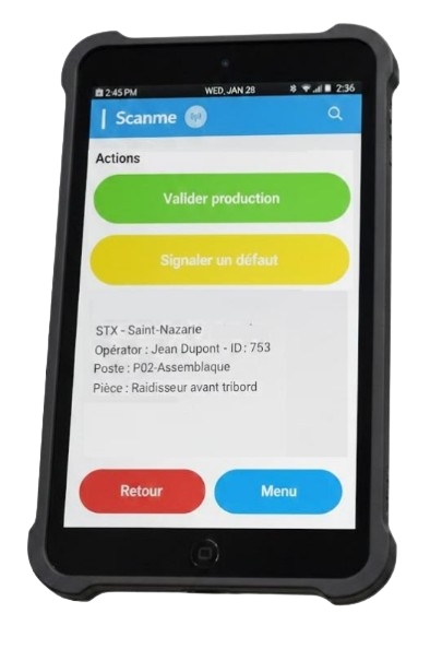 Capture d'écran ScanMe — inventaire RFID en masse avec références produits, EPC et zones