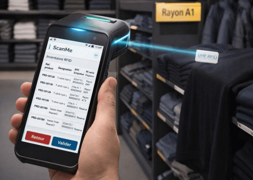 Opérateur utilisant ScanMe sur terminal Zebra pour l'inventaire RFID en rayon