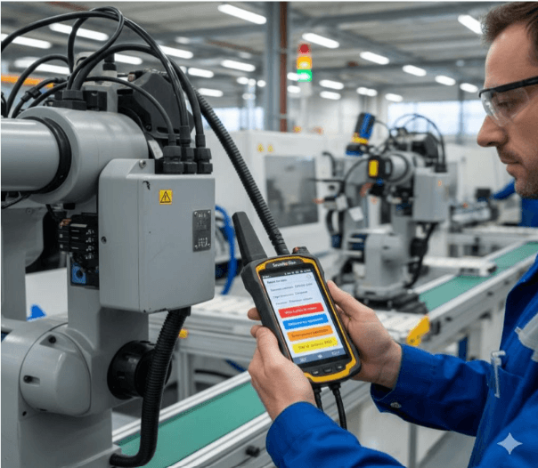 Technicien utilisant ScanMe sur terminal industriel durci en atelier de production